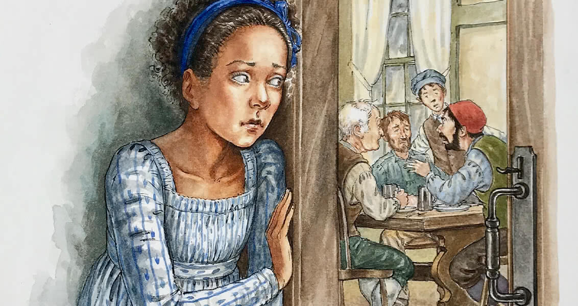 Illustration of little girl standing outside a doorway eavesdropping on a group of men talking