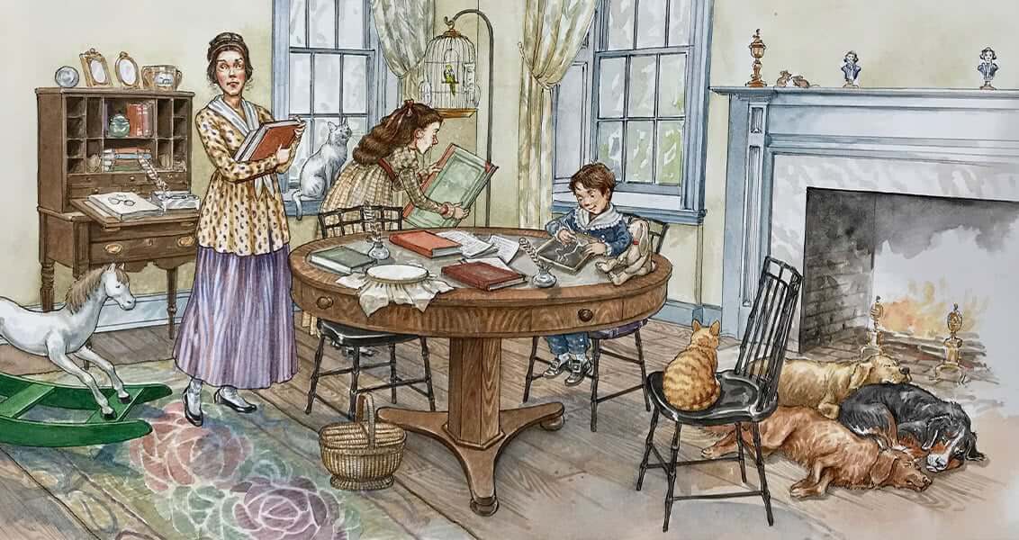 Book illustrating showing teacher and children in a room working on school-work