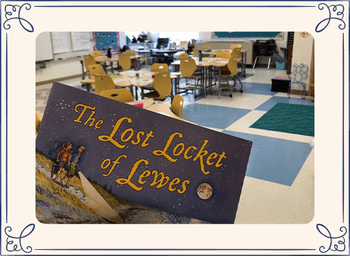 Lost Locket book in front of a classroom